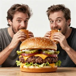 trey parker and matt stone eating a massive big mac hamburger, extra pickles and onions, ultra detailed, style of norman rockwell, style of richard corben, 4 k, rule of thirds.