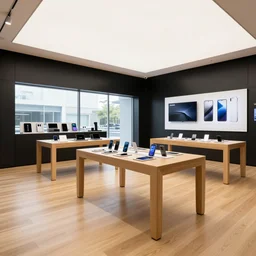 A flagship Samsung store. black walls. timber floor. high ceilings with spots. large windows with natural light. modern wood furniture. beautiful display tables with phones and tablets, plants on pots and on the walls, large digital screens with videos on the walls, Architectural photography. 14mm. High Res 8K. award winning architectural design, Minimalist, High-tech, warm and happy, inviting