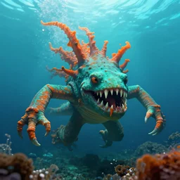 underwater sea monster, teal and orange, horror