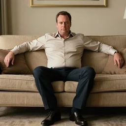 full body photo of michael scott, mature male, mysterious face. he is sitting gracefully on a sofa, elegant slim beige shirt, tight shirt, bouncy belly