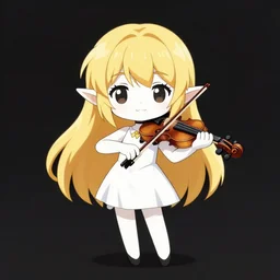 chibi, cute, female, full body, elf girl with white skin and golden hair holding a violin, playing a song, stunning art style, trending art, sharp focus, centered, fate zero, simple background, studio ghibly makoto shinkai yuji yamaguchi, by wlop
