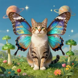 🐱 with 🦋 wings, 🍄 surrounding,, 💫 🪐 🌷 background, surreal art, art by barlowe wayne maxfield parrish and marco mazzoni