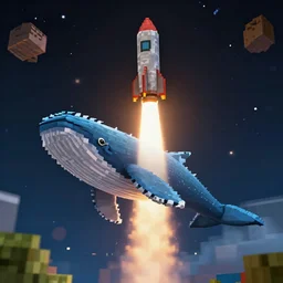 A minecraft screenshot of a whale as a rocket in minecraft, minecraft screenshot of a whale launching into space 35mm, f/1.4, f1.8 anamorphic, bokeh, 4k, Canon, Nikon