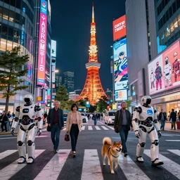 street view of futuristic robot tokyo city at night by cyril rolando and naomi okubo and dan mumford and ricardo bofill. robots. robots walking the streets. advertisements for robots. robot shiba inu being walked by robots. robot city. neon advertisements.