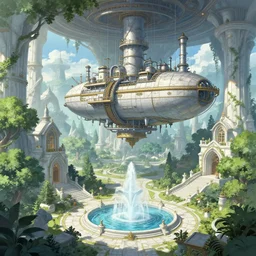 Industrial Airship manufactory inside a beautiful elven city made of white marble, anime, lush trees, fountain, a fantasy digital painting by Greg Rutkowski and James Gurney, trending on Artstation, highly detailed