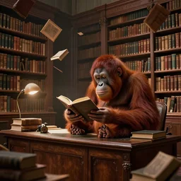 long shot, whole room view, orangutan known as the librarian sitting on a desk, reading a book in a library, books flying everywhere, victorian bookshelves from the unseen university, epic, master, illustration, concept art, 4 k