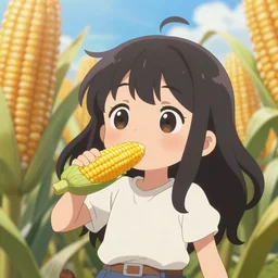 kawaii girl eating corn, behind is corn heaven, epic cinematic still, dynamic perspective, anime style, beautiful volumetric light