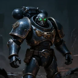 Close up of a singular necron warrior, green glowing eyes reflecting on the shinny armor. At night, underexposed, desolated wasteland, matte painting by craig mullins and dan mumford, cinematic, warhammer 40k, dark sci-fi,concept art trending on artstation, 4k, insane details