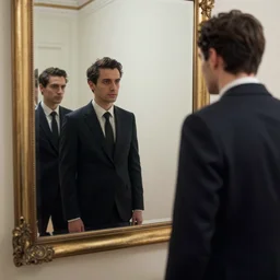 endless reflections of a man in a mirror, dark suit, by sergey belik