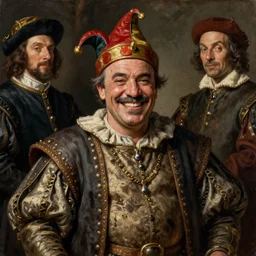 oil portrait of tony soprano as a historic dwarf jester fool. smiling widely. medieval dirty and grimy noble. historic royal portrait from the renaissance era. oil painting, highly detailed, centered, artstation, concept art, smooth, sharp focus, illustration, artgerm, vermeer, hans holbein, titian, salvador dali, hieronymus bosch, frans hals, rembrandt