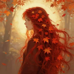 girl with super long hair, hair becoming autumn red leaves, digital painting, unreal engine 5, art by artgerm and greg rutkowski and alphonse mucha