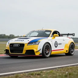 cinematic full-length photo of an Mk2 Audi TT Roadster in racing colors, ((ultra wide angle)), sunset