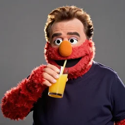 portrait of danny devito as a muppet in sesame street drinking a glass of orange juice, dlsr photo, studio lighting, sigma lens, rim light, fur