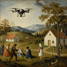 a drone attack to innocent villager, in the fashion of Hieronymus Bosch, oil on canvas, painting, 4k, wide shot