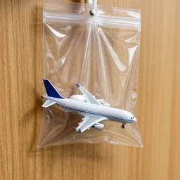 a miniature airplane inside a transparent bag hanging from a wooden wall, high quality, sigma 8 5 mm, detailed