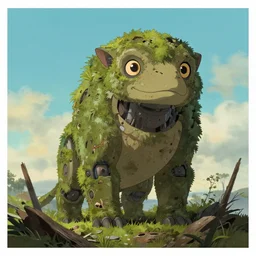 a stylized 2 d cinematic keyframe of a post - a bionic animal, horizon zero dawn, covered by nature, debris, abandoned, joy gaze, cel - shaded, classical animation, edge - to - edge print, rendered by studio ghibli, artgerm, alyssa monks, andreas rocha, david kassan, neil blevins, rule of thirds, golden ratio, ambient lighting