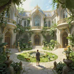 a luxurious scifi futuristic victorian garden courtyard by killian eng, moebius, philippe druillet