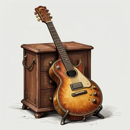 a majestic steampunk alchemists guitar, two point perspective, furniture, high details, bold line art, by vincent di fate and joe fenton, inking, etching, screen print, masterpiece, trending on artstation, sharp, high contrast, hyper - detailed,, hd, 4 k, 8 k