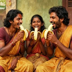 Indians eating bananas and laughing , artwork by Craig Mullins,Movie poster, detailed, trending on artstation