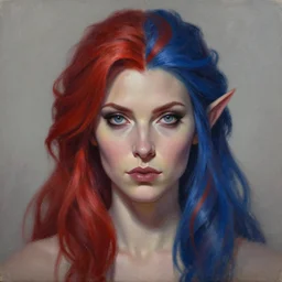 a detailed matte oil on canvas head on symmetrical portrait of a distinguished elven woman with separated red and blue hair ( ( ( ( ( makeup ) ) ) ) ) by charlie bowater and lise deharme wlop, trending on artstationhd, dungeons and dragons art critical role