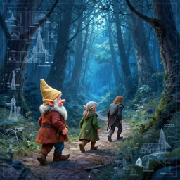 dwarf, elf, halfling and human walking down a forest path, in the style of Greg Broadmore and Arthur Rackham,trending on artstation, light lighting side view,digital art,surrealism ,macro,blueprint ,vaporwave ,