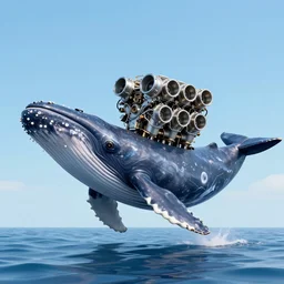 digital art of cachalot whale with large rectangular head, eight - cylinder pistons from v 8!!!!!! engine!!!!!!!! are sticking out of the head of cachalot, hybrid!!!!!!! of v 8 engine and cachalot head, full - body!!!!!!!!, side view, wide