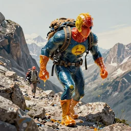 superhero made of glue, trecking in rocky mountain, intricate, digital painting, highly detailed, trending on artstation, sharp focus, illustration, ruan jia, rutkowski