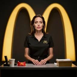 Angelina Jolie working as a McDonalds cashier, macro, wide shot, dramatic, HD