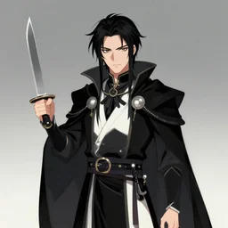 a man in a black and white outfit holding a knife, a character portrait by senior character artist, artstation contest winner, fantasy art, wiccan, artstation hd, flat shading