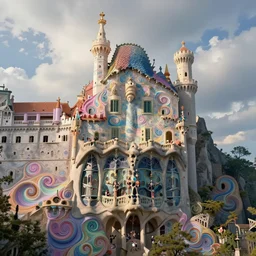 concept art of a castle designed by gaudi on a mountain, colorful swirly magic ripples, pastel colors, by greg manchess, huang guangjian, gil elvgren, sachin teng, greg rutkowski, jesper ejsing