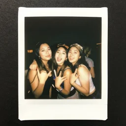 faded polaroid photo of beautiful sorority girls at a wild college party, selfie polaroid