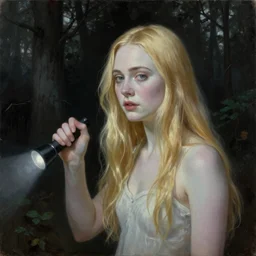 Painting of Elle Fanning lost in the dark woods with a flashlight, long blonde hair, delicate, pale milky white porcelain skin, by Edward Hopper. 8K. Extremely detailed.
