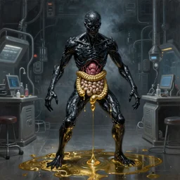 realistic coubert dark hi-tech sci-fi lab at night, realistic full body oil painting of hideous and sick shiny black onyx skin human exposed guts crawling in two legs and dripping golden metalic fluid from intestine into a pool of golden liquid on the floor. Smokey atmosphere