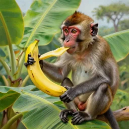 a hyper realistic painting of a monkey stealing a banana from a banana plantation, in africa, hyper realistic.
