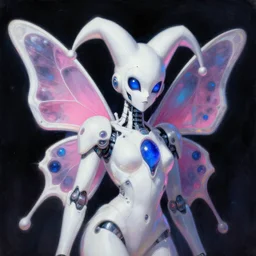 dark whimsical white iridescent organic robot butterfly jester human. angular futuristic sci - fi features and eyes. deep blue and pink tones. dark black background. highly detailed science fiction painting by moebius, frank frazetta, and syd mead. rich colors, high contrast. lens flare, y 2 k aesthetic on artstation