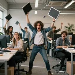 unhappy advertising people throwing computers, screaming yelling, smashing things in their open space office. high resolution color magazine candid photograph.