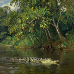 oil painting lanscape by anders zorn, jungle nature, fruit trees, very very very very beautiful art, dramatic light, water reflections, crocodile river