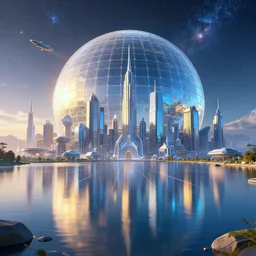 beautiful cyberpunk city, lake, reflection, straight lines, spacecrafts, futuristic, giant glass dome in space, golden hour, light diffusion, galaxy, stars, hyperrealistic, award winning, low poly, photography, blue, glass, extremely wide angle, short exposure