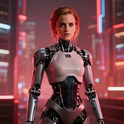 photo of emma watson as a cyborg in a cyberpunk city full of multicolor lights, red color scheme, bloom, bokeh, depth of field, robotic limbs, mid full shot, 8k, highly detailed skin, highly detailed face