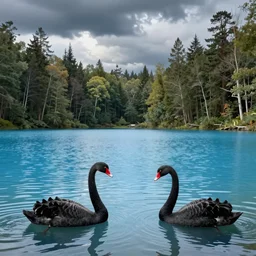 black swans chilling in a lake that surrounded by forest, lake is light blue and sky is cloudy, by collaboration of M. C. Escher and Salvador Dali