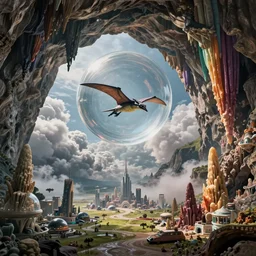 a ultra - realistic massive volume cave : 5, ; right coloured stalactites : 4 ; miniature futuristic city : 8, open plains : 2, mysterious clouds : 2, highly symmetrical, a pterodactyl flying in a huge perfect glass sphere, octane render hd, 4 k, ultra - realistic, in unreal engine, trending on artstation, concept art