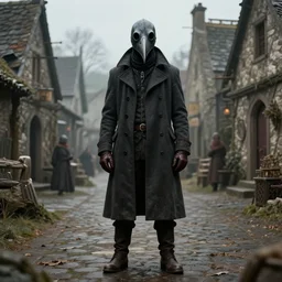 A man draped in a ankle-length overcoat with leather gloves and boots wearing a bird-like beak mask in a medieval village by Greg Rutkowski, Bloodborne, 8k photorealistic, volumetric lighting, HD, subtle details, dramatic, trending on artstation