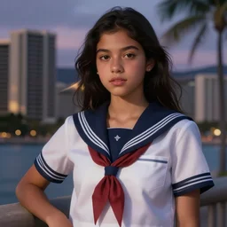 Italian Mexican teen female wearing a navy and white Japanese school uniform, posing in Waikiki, sigma female, portrait art by James Jean, highly detailed, digital painting, concept art, illustration, dim lighting with twilight rays of sunlight, trending on artstation, very detailed, smooth, sharp focus, octane render, close up