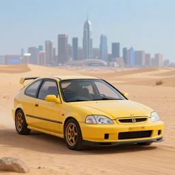 photograph of a cell-shaded Honda Civic EK9 Type-R, surrounded by desert with a futuristic city in the horizon, sigma 85mm f/1.4, 4k, depth of field, high resolution, 4k, 8k, hd, full color