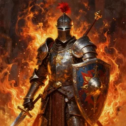 a _ fantasy _ style _ portrait _ painting _ of battle - worn battle knight with a red plume, big shield and golden sword, fire background, firey environment, oil _ painting _ unreal _ 5 _ daz. _ rpg _ portrait _ extremely _ detailed _ artgerm _ greg _ rutkowski _ greg