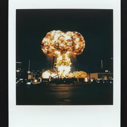 polaroid photo of nuclear explosion in the big city moody dark