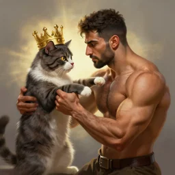a muscular tunisian man fighting a cat wearing crown, digital painting, volumetric light, intricate, sharp, focus, bloom, illustration, highly detailed, concept art, matte, ruan jia, randy vargas, greg rutkowski