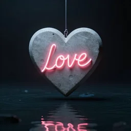 A concrete heart marked with neon love is suspended over stilled waters in an abysmal dark void, realistic, artstation, moody, by Edvard Curini Picasso Guay