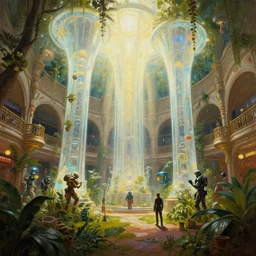 lush garden god rays dramatic perspective organic 3 d fractal, a minimalist cris foss cinematic scifi with giant bright translucent bioluminescent microscopy, gigantic pillars, victorian shopping mall courtyard maschinen krieger, beeple, star citizen, mass effect, oil painting by donato giancola, warm coloured, artstation, atmospheric perspective