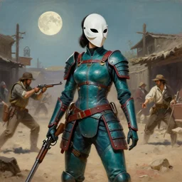 female adventurer in tight full - body teal leather armor of japanese design with red accents and a white porcelain crow mask, trending in artstation, japanese, artstation, big moon in the background, establishing shot oil painting of old rugged robot bounty hunter in a gunfight in dusty wild west street, art by anders zorn, wonderful masterpiece by greg rutkowski, beautiful cinematic light, american romanticism by greg manchess, jessica rossier and norman rockwell